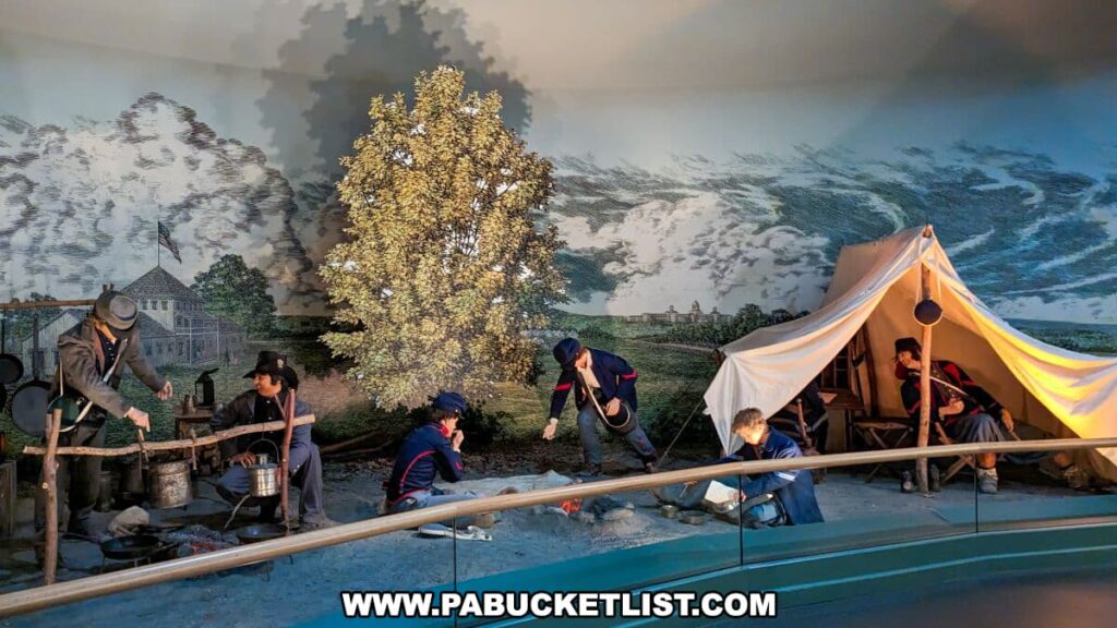 The image is of a diorama at the National Civil War Museum in Harrisburg, PA, depicting a Union camp scene. Life-sized mannequins dressed in Civil War uniforms are shown performing various camp tasks: one tends to a cooking pot over a fire, another kneels by a tent, and one sits inside the tent. The background mural extends the scene, illustrating a pastoral landscape with buildings, hinting at a nearby battlefront. A realistic tree in the foreground adds depth to the display, enhancing the immersive experience of the museum exhibit.
