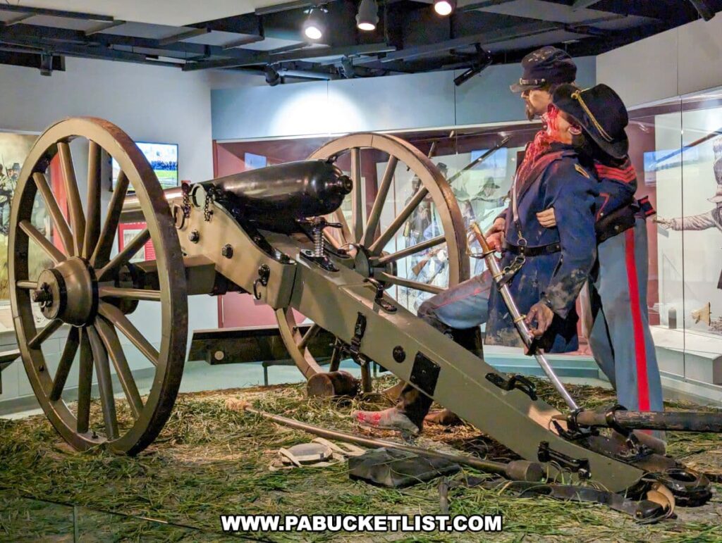 The image features a diorama at the National Civil War Museum in Harrisburg, PA, showcasing two life-size mannequins of Union artillerymen operating a Civil War-era cannon. The soldiers, dressed in blue uniforms with kepi hats, are positioned as if readying the cannon for firing. The setting includes realistic details such as grass, cannonballs, and a ramrod, providing an authentic representation of a battlefield artillery position. The museum's exhibit aims to depict the role of artillery crews during the Civil War.