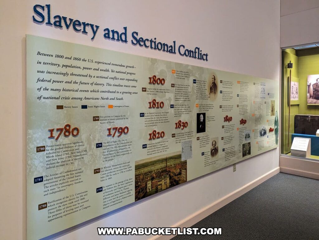The image shows an educational timeline exhibit titled "Slavery and Sectional Conflict" at The National Civil War Museum in Harrisburg, PA. The timeline spans from 1780 to 1860 and outlines key historical events that led to the Civil War. The exhibit includes dates, illustrations, portraits, and brief descriptions of significant legislative acts, Supreme Court decisions, and social developments related to slavery and its impact on the growing divide between the North and South. The presentation is designed to help visitors understand the complexities of the issues that contributed to the national crisis of the time.
