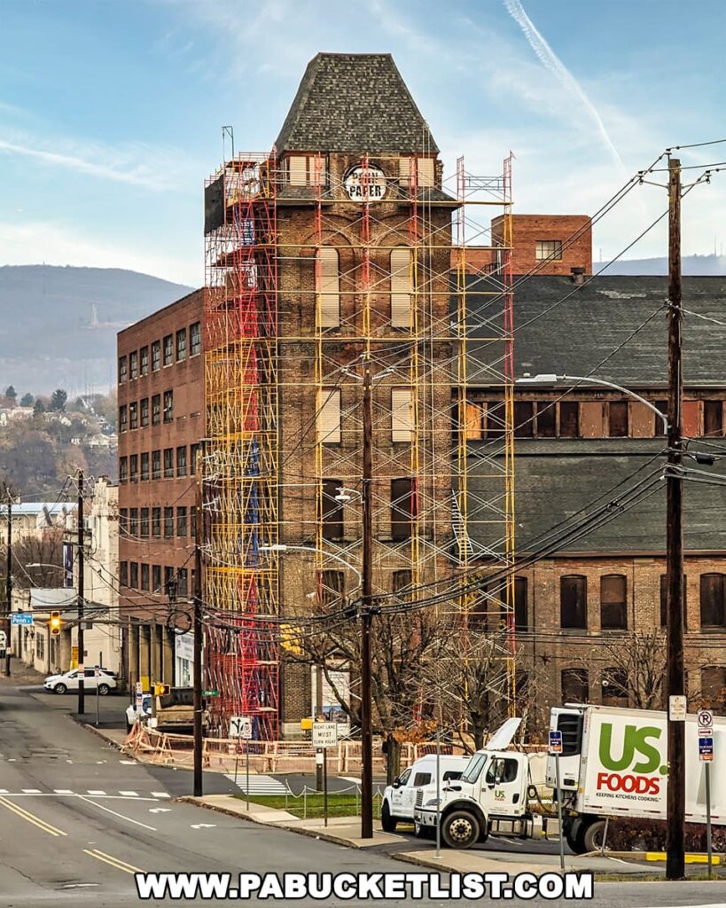 The Penn Paper building in downtown Scranton, Pennsylvania, recognizable from the television show 'The Office,' is undergoing renovation with colorful scaffolding covering its front. The iconic 'Penn Paper' sign sits atop the roof against a backdrop of hills and a clear sky. In the foreground, a US Foods delivery truck drives past on the street.