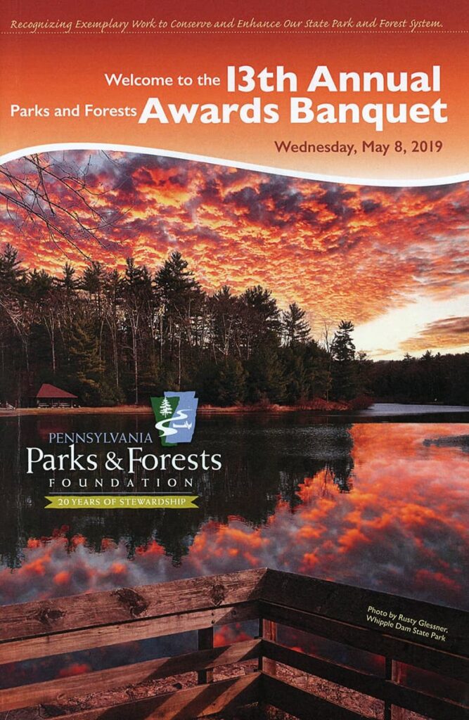 Pa Parks and Forests Awards Banquet program, with cover photo by Rusty Glessner.