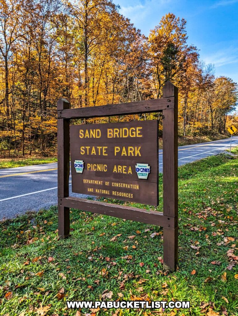 The welcoming sign of Sand Bridge State Park in Union County, Pennsylvania, situated beside Route 192. The wooden sign has bold yellow lettering stating 'SAND BRIDGE STATE PARK' and 'PICNIC AREA' with the Pennsylvania Department of Conservation and Natural Resources logo beneath. The sign is surrounded by lush grass sprinkled with fallen leaves and a backdrop of trees displaying a vibrant array of autumn colors, from golden yellow to deep orange.