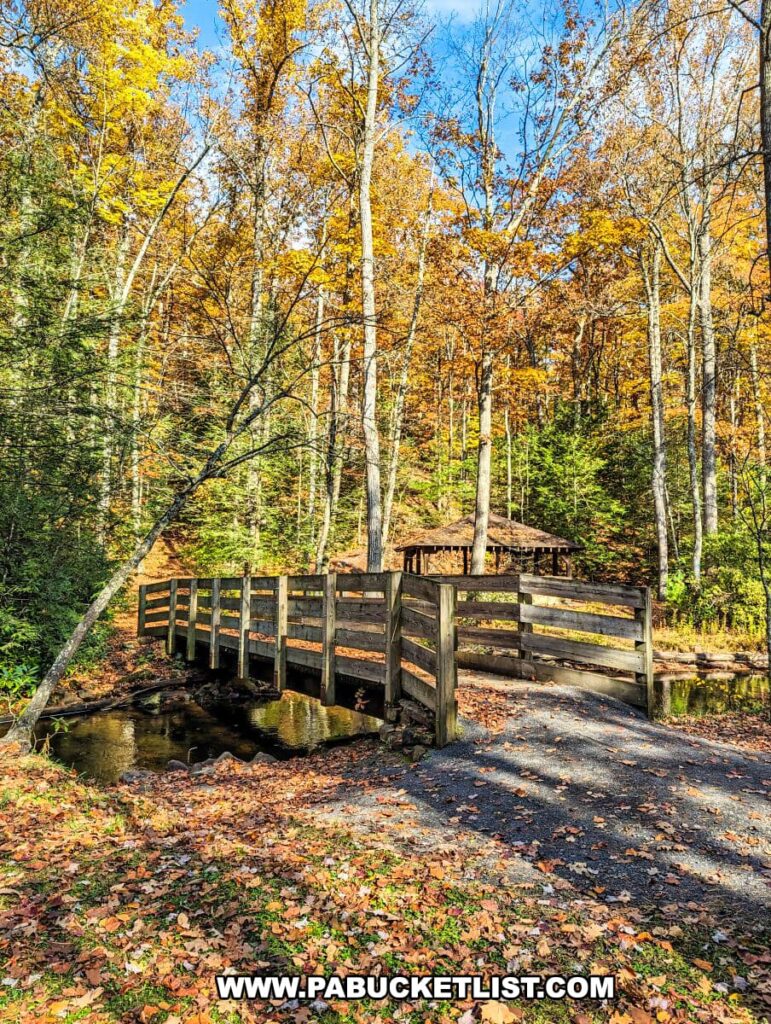 A quaint wooden bridge over a tranquil stream at Sand Bridge State Park in Union County, Pennsylvania. The bridge is framed by a variety of trees with leaves in shades of yellow, orange, and green, indicating early fall. Fallen leaves are scattered across the bridge and the forest floor, adding to the autumnal feel.