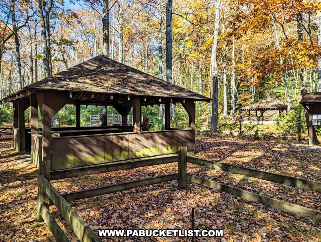 A rustic picnic pavilion in Sand Bridge State Park, Union County, Pennsylvania, set among a forest with autumn colors. The pavilion has a dark brown roof and matching wooden support beams, with open sides for park visitors to enjoy the surrounding nature. The ground is carpeted with dry leaves in shades of brown, orange, and yellow, reflecting the changing season.