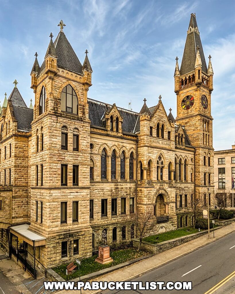 Scranton City Hall, constructed in 1888, is a striking example of Victorian Gothic architecture. The building's sandstone walls feature ornate carvings, arched windows, and pointed towers with spires. A prominent clock tower rises above the structure, set against a blue sky with wispy clouds. The building stands majestically alongside a city street.