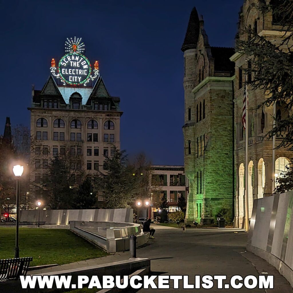 Nighttime scene of the Scranton Courthouse Plaza with the iconic 'Electric City' sign glowing brightly in the background atop a classic building. The courthouse is illuminated by green lights, highlighting its stone architecture. A person sits on a bench in the plaza, under the soft glow of street lamps, creating a peaceful evening atmosphere.