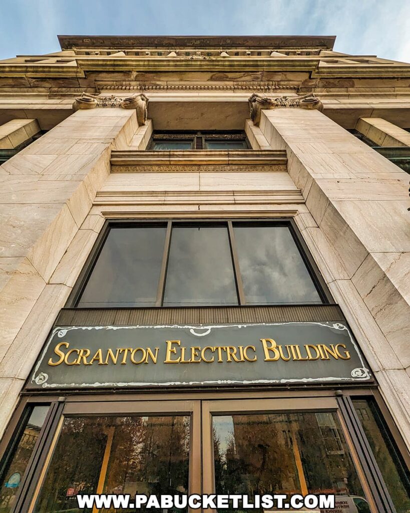 Upward view of the Scranton Electric Building in downtown Scranton, Pennsylvania, displaying its grand façade with large stone pillars and a decorative entablature. The building's name is elegantly scripted in gold lettering on a black background above the entrance. The architecture exudes a sense of historic grandeur against the sky.
