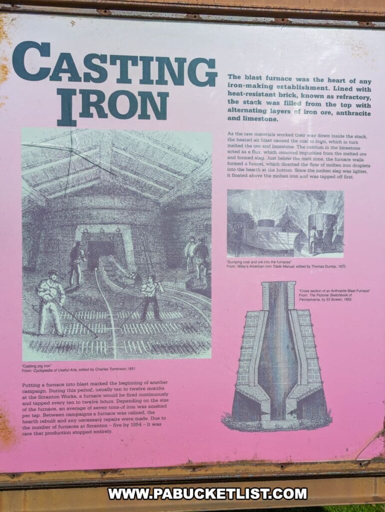 An informational sign at the Scranton Iron Furnaces Historic Site titled "CASTING IRON," with text and illustrations on a pink background. The sign explains that the blast furnace was the core of iron-making, lined with heat-resistant brick and filled with layers of iron ore, anthracite, and limestone. Two illustrations depict scenes from the 19th century: the first shows workers casting pig iron labeled "Casting pig iron" from the 'Cyclopædia of Useful Arts' edited by Charles Tomlinson, 1851, and the second illustrates "Dumping coal and ore into the furnace" from 'Wiley’s American Iron Trade Manual' edited by Thomas Dunlop, 1874. A diagram titled "Cross section of an Anthracite Blast Furnace" from 'The Practical Steelworker' by E.B. Elwell, 1886, is also included. Additional text describes the operation and lifespan of furnaces during that period, specifically at Scranton Works.