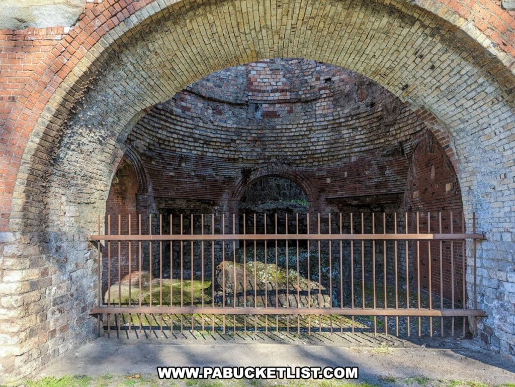 View of the archways within a blast furnace at the Scranton Iron Furnaces Historic Site, with various brick hues from red to blackened by the furnace's historic use. A rusted metal gate blocks the entrance, behind which lies a pile of debris, showcasing the furnace's age and the conservation efforts in place to preserve this piece of industrial history in Scranton, PA. Shadows cast by the gate's bars add to the texture of the scene.