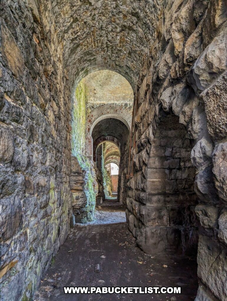 Perspective view through a series of archways at the Scranton Iron Furnaces Historic Site, revealing the layered stonework and brick masonry. The passage is lit by natural light, highlighting the textures and moss growth on the stones, creating a historical ambiance within this industrial heritage site. Each successive arch frames the next, leading the eye through the corridor of this preserved 19th-century ironmaking structure.