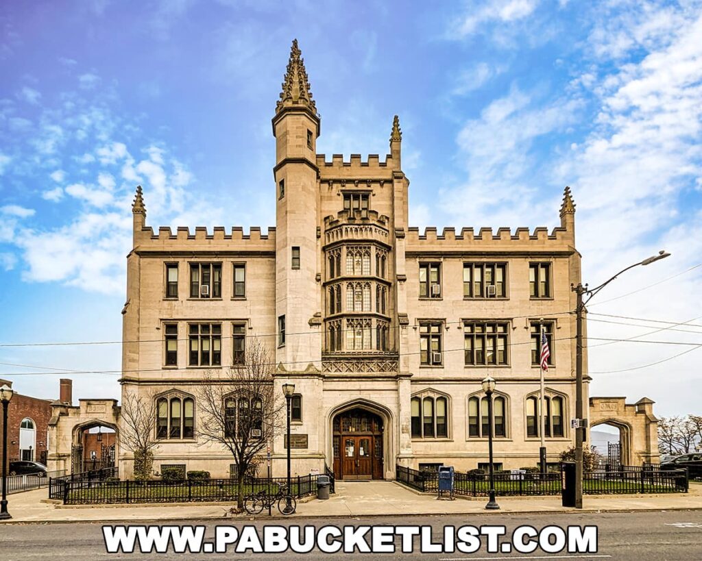 The Scranton School Administration Building, constructed in 1911 with Victorian Gothic style, stands under a blue sky with wispy clouds. This historic structure features a stone façade with ornamental carvings, pointed arches, and a distinctive tower. An American flag flies beside the building, complementing its majestic presence on a city street.