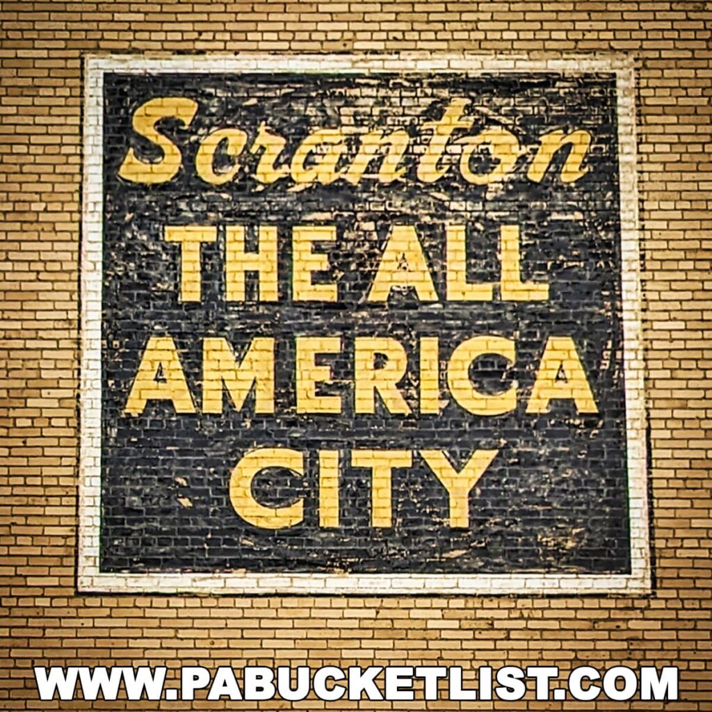 A weathered vintage mural on a brick wall in downtown Scranton, Pennsylvania, with bold yellow letters proclaiming 'Scranton THE ALL AMERICA CITY', evoking a sense of local pride and historical significance.