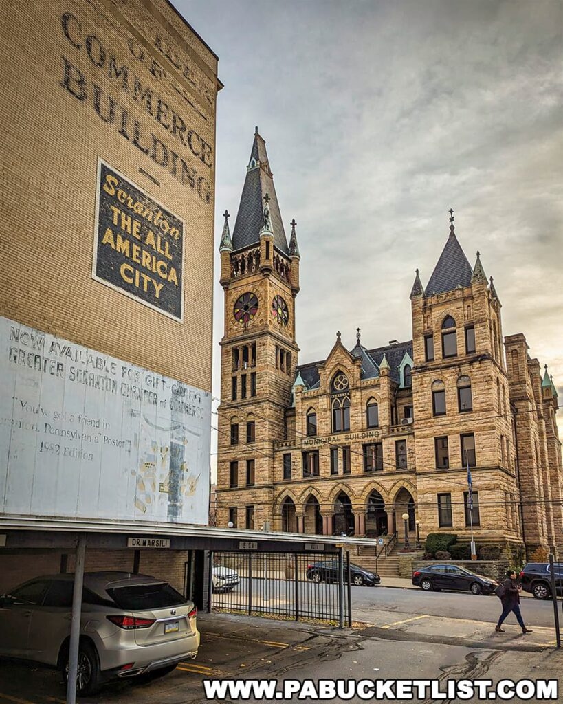 View of the Scranton Municipal Building, a grand stone structure with Romanesque architecture and a central clock tower, standing next to a building with a mural stating 'Scranton THE ALL AMERICA CITY.' A pedestrian walks by on the sidewalk below, capturing the essence of daily life amidst the city's historical and cultural landmarks.