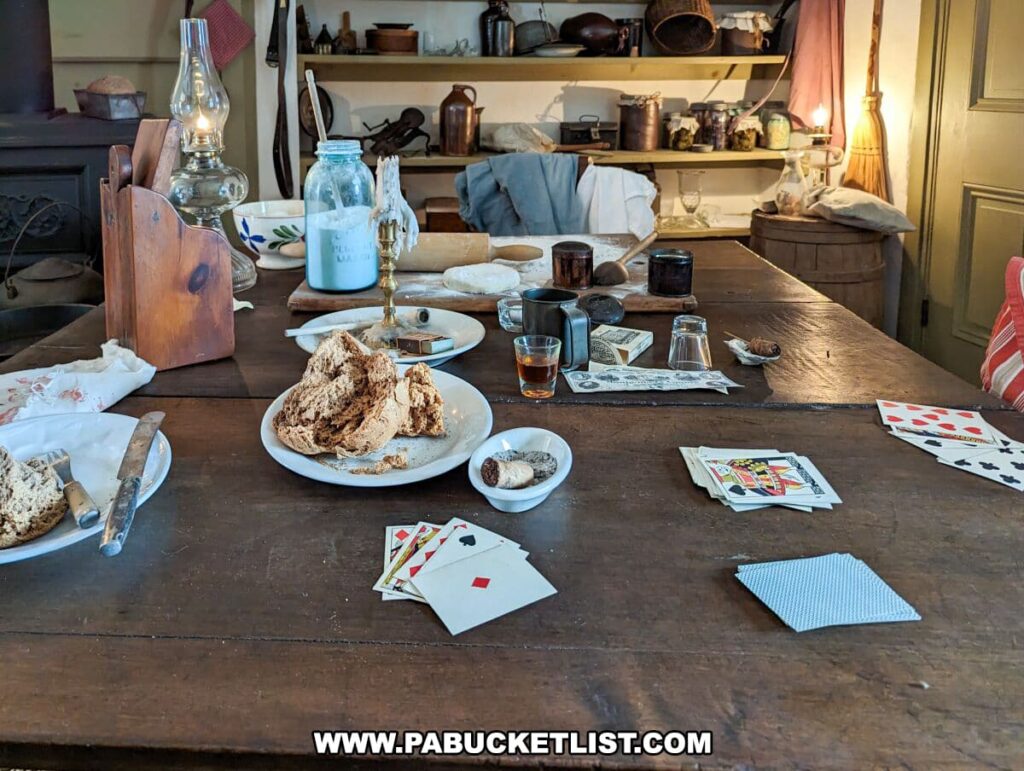 An old-fashioned wooden table is set up as if mid-use in the Shriver House Museum in Gettysburg, Pennsylvania, depicting a scene from the Civil War era. The table is strewn with playing cards and contains plates with bread, a glass oil lamp, and a mason jar labeled "PURE TABLE SALT." There are also knives, a glass of amber liquid, inkwells, a salt shaker, and a piece of fabric, all contributing to an atmosphere of a lived-in space from the 19th century. In the background, a fireplace, open shelving stocked with kitchenware, and a barrel can be seen, enhancing the historical reenactment.