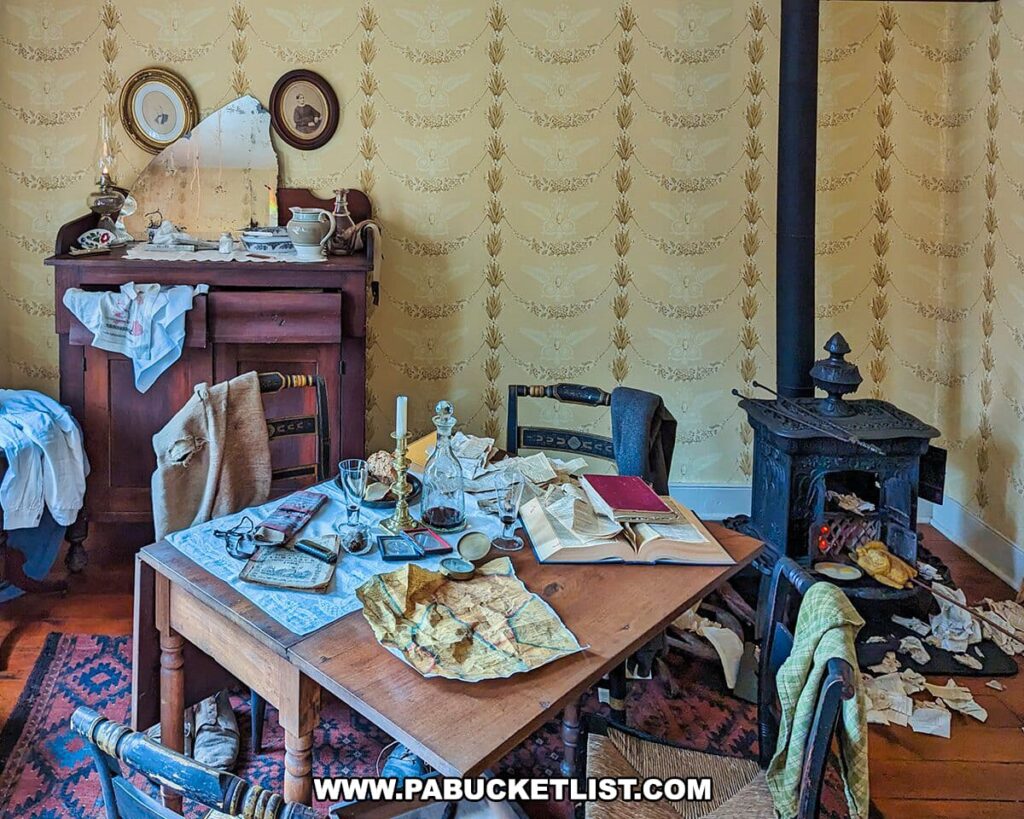 An image from the Shriver House Museum in Gettysburg, Pennsylvania, showing a room set up to reflect a moment from the Civil War era. The scene includes a wooden table covered with maps, documents, a pair of glasses, and other personal effects, evoking the hasty departure of a Confederate officer. A wood-burning stove with a pipe extending to the ceiling is in the corner, with a hat resting on top and various garments draped over a nearby chair. A dresser with a mirror and personal toiletries is against the patterned wallpapered wall. The room's disarray and historical items like the candlestick and books provide an immersive glimpse into the past.
