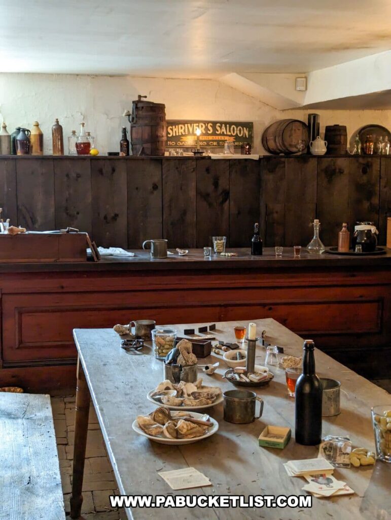 In a recreated saloon from the Civil War era at the Shriver House Museum in Gettysburg, Pennsylvania, a wooden counter is laden with period-authentic items. Plates of bread, a dark bottle, pewter mugs, and glasses are arranged as if patrons have just stepped away. The backdrop features a rustic wooden shelf lined with various bottles, jugs, and barrels. A prominent sign reading "SHRIVER'S SALOON" hangs above the shelf, while the room's low ceiling and plastered walls give a sense of the historical setting's authenticity.
