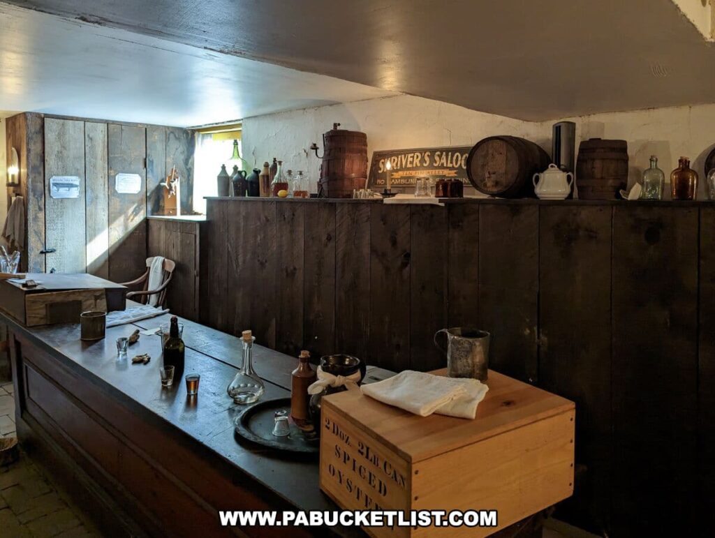 The image shows the interior of a recreated saloon from the Civil War era at the Shriver House Museum in Gettysburg, Pennsylvania. The room is characterized by rustic wooden walls and a bar counter with various period-appropriate items such as glass bottles, a tin cup, and a large ceramic jug. A wooden sign that reads "Shriver's Saloon" is displayed prominently on the back shelf, alongside barrels and other containers. Natural light filters through a small window, casting a soft glow over the scene. The setting is designed to give visitors a glimpse into the past, specifically into the social spaces of the 1860s.
