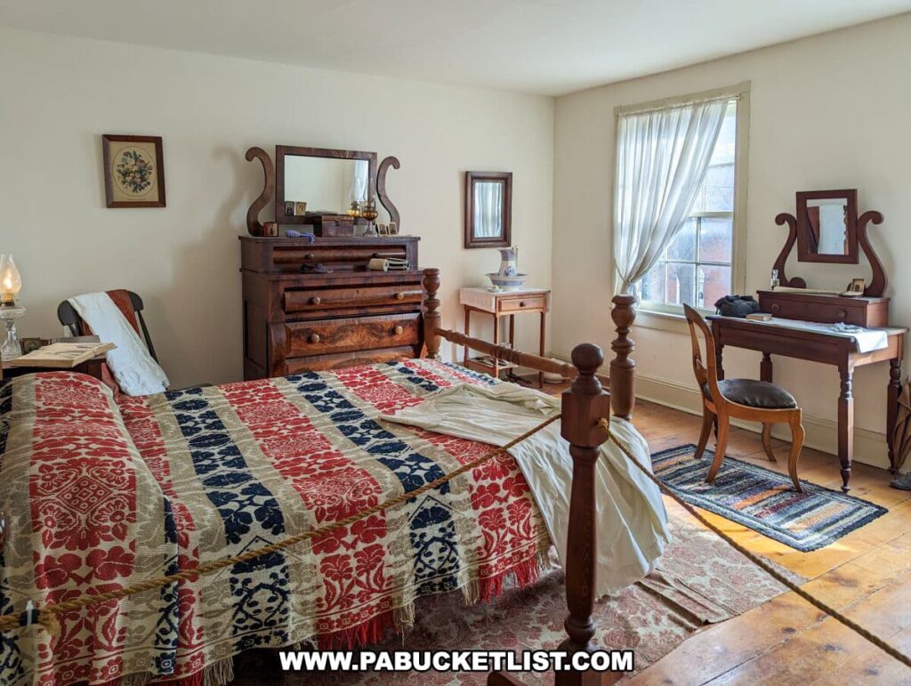 A well-preserved bedroom at the Shriver House Museum in Gettysburg, Pennsylvania, showcasing a historical 19th-century layout. The room contains a wooden four-poster bed with a colorful patchwork quilt in red, blue, and beige. A vintage wooden dresser with a large mirror stands against one wall, accompanied by a small writing desk with a wash basin and pitcher atop it. On the other side of the room, there's a vanity with a mirror. The walls are adorned with framed artwork, and an oil lamp on the dresser adds to the room's authentic period feel. The wooden floor is partly covered by rugs, and a sheer curtain hangs on the window, allowing natural light to filter in.