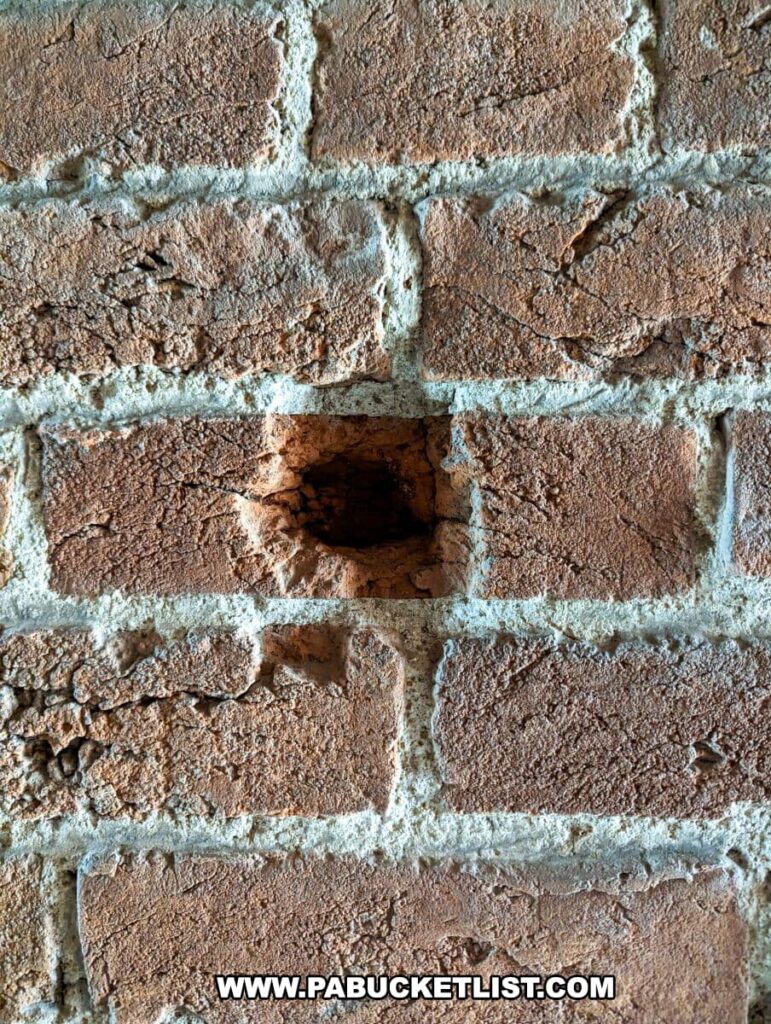 A close-up view of a historic brick wall at the Shriver House Museum in Gettysburg, Pennsylvania, showing a single, round hole from a bullet strike. The hole pierces through one of the reddish-brown bricks, surrounded by pale mortar. The impact's age is indicated by the slightly eroded edges around the hole, suggesting its endurance through time since the Civil War era. This detail offers a tangible connection to the events that took place at this location during the Battle of Gettysburg.