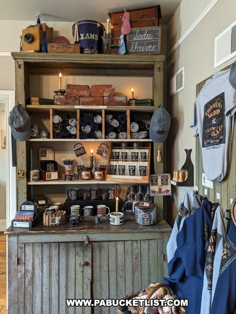 The photograph displays a quaint gift shop setup at the Shriver House Museum in Gettysburg, Pennsylvania. An antique wooden hutch holds various souvenirs, including rolled-up t-shirts, caps, and mugs, all bearing the museum's branding. Candles, books, and other memorabilia are neatly arranged on the shelves. A sign that reads "Ladies Shriver" adds a touch of historical character to the top shelf. The rustic appearance of the hutch, combined with the traditional-style merchandise, creates an atmosphere that complements the historical theme of the museum.