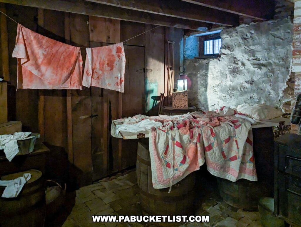 A dimly lit room with a rustic wooden interior, representing a makeshift Civil War-era hospital at the Shriver House Museum in Gettysburg, Pennsylvania. Blood-stained linens hang on a line across the room, and more are draped over a wooden plank, which serves as a makeshift bed or table, laid across two barrels. An old stove, a wooden chest, and a small window with a simple blue curtain contribute to the historical setting. The stone and brick walls, along with the worn floor, enhance the sense of authenticity, evoking the improvised medical quarters used during the Battle of Gettysburg.