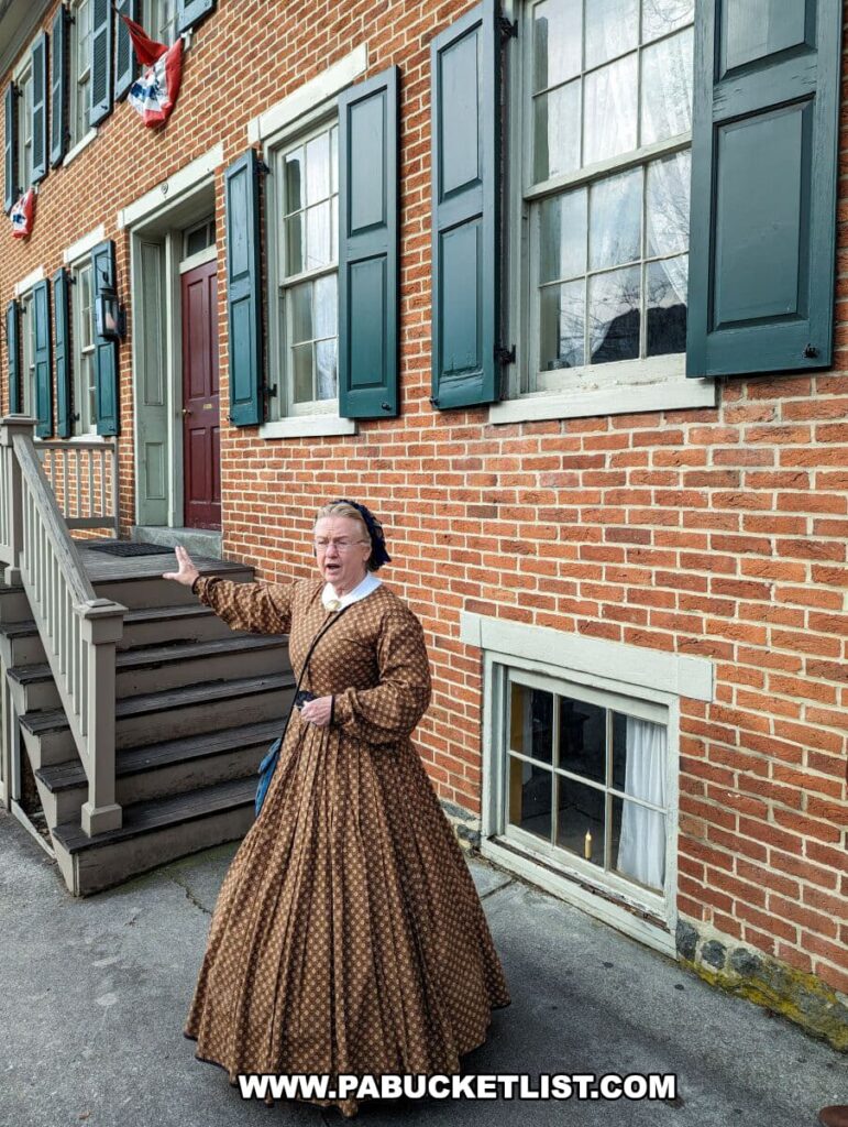 A woman dressed in 19th-century attire stands in front of the Shriver House Museum in Gettysburg, Pennsylvania. She wears a brown, period-appropriate dress with a full skirt and small polka dot pattern. The woman is gesturing to her side, likely part of a historical tour. Behind her, the brick facade of the museum is visible, complete with green shutters and American flags hanging from the second-story windows. She stands on a concrete sidewalk next to a wooden staircase leading to the museum's entrance.
