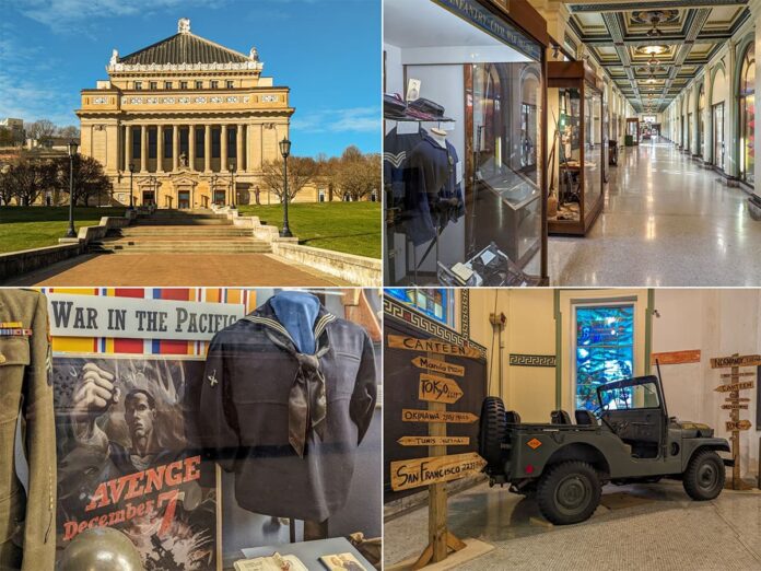 A photo collage from the Soldiers and Sailors Memorial Hall and Museum in Pittsburgh, PA. The top-left photo shows the museum's majestic facade with a wide staircase leading to its columned entrance and a large dome atop. The top-right image provides an interior view of a long hallway lined with glass cases displaying military memorabilia. The bottom-left close-up showcases a World War II exhibit with a poster reading "War in the Pacific - Avenge December 7" and various military uniforms. The bottom-right picture captures an olive green vintage military jeep displayed against a background of wooden signs with directions to various military bases around the world.