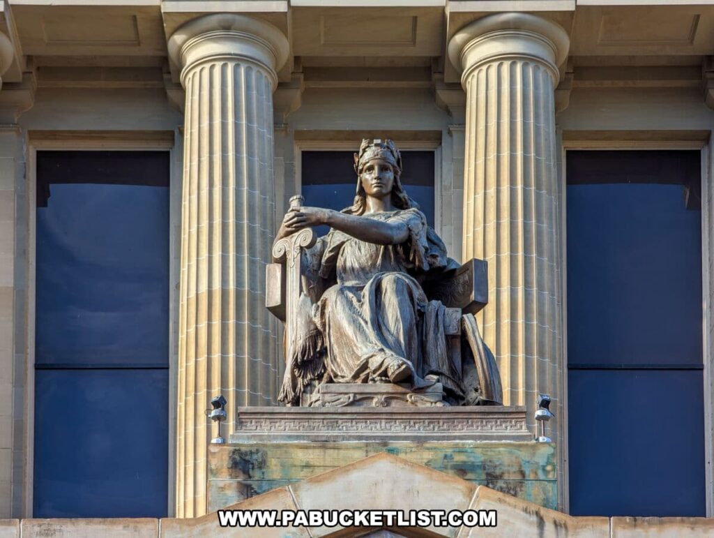 A bronze statue titled 'America' at the Soldiers and Sailors Memorial Hall and Museum in Pittsburgh, PA. The statue features a seated female figure, symbolizing America, holding a sword and a shield, with a laurel wreath crown on her head. She presides nobly above the museum's entrance, framed by towering columns and a clear blue sky, embodying the spirit of the nation and its history.