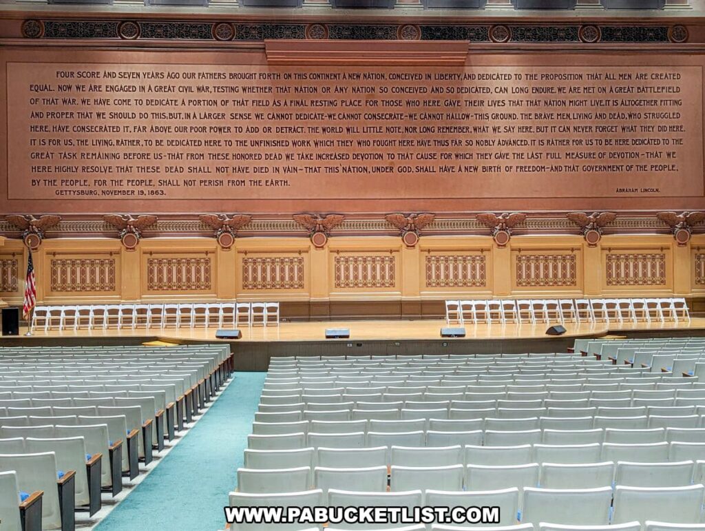 Auditorium at the Soldiers and Sailors Memorial Hall and Museum in Pittsburgh, PA, with the Gettysburg Address inscribed on the wall above the stage. Rows of light gray seats face the stage, where several rows of white foldable chairs are set up. The ornate wall behind the stage features intricate woodwork and the text of Abraham Lincoln's famous speech, commemorating the dedication of the Gettysburg battlefield in November 1863.