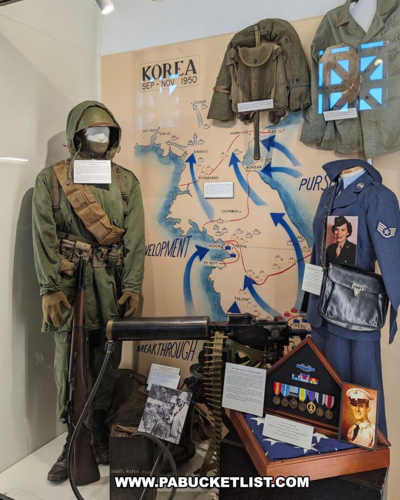 Korean War exhibit at the Soldiers and Sailors Memorial Hall and Museum in Pittsburgh, PA, featuring a mannequin in a military flight suit with a helmet and goggles, an Air Force uniform, and various personal items. The background is a map showing military movements during the Korean War from September to November 1950. Displayed items include a rifle, a machine gun, a military jacket with a bullet hole, and a case displaying medals and a photograph of a serviceman.