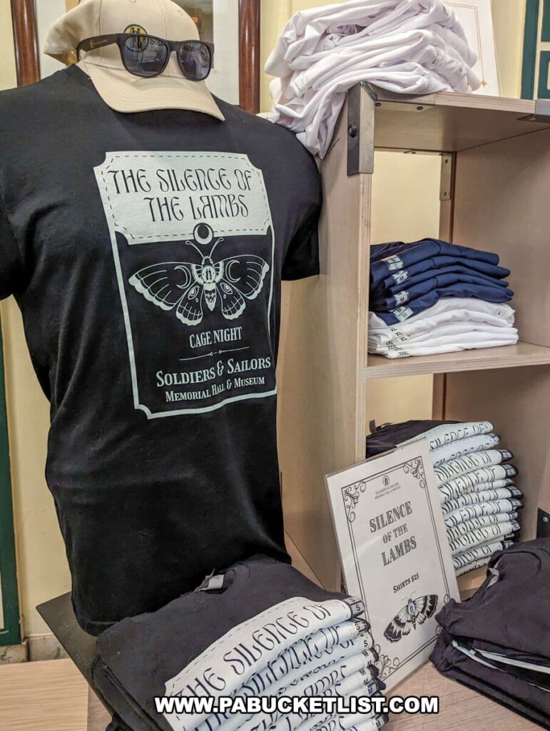 Merchandise display at the Soldiers and Sailors Memorial Hall and Museum in Pittsburgh, PA, featuring "The Silence of the Lambs" themed T-shirts. The black shirts have a graphic related to the movie and event details, along with additional shirts neatly stacked on a shelf and a pricing sign. A mannequin wearing one of the shirts, sunglasses, and a cap completes the display, highlighting the museum's connection to the film.