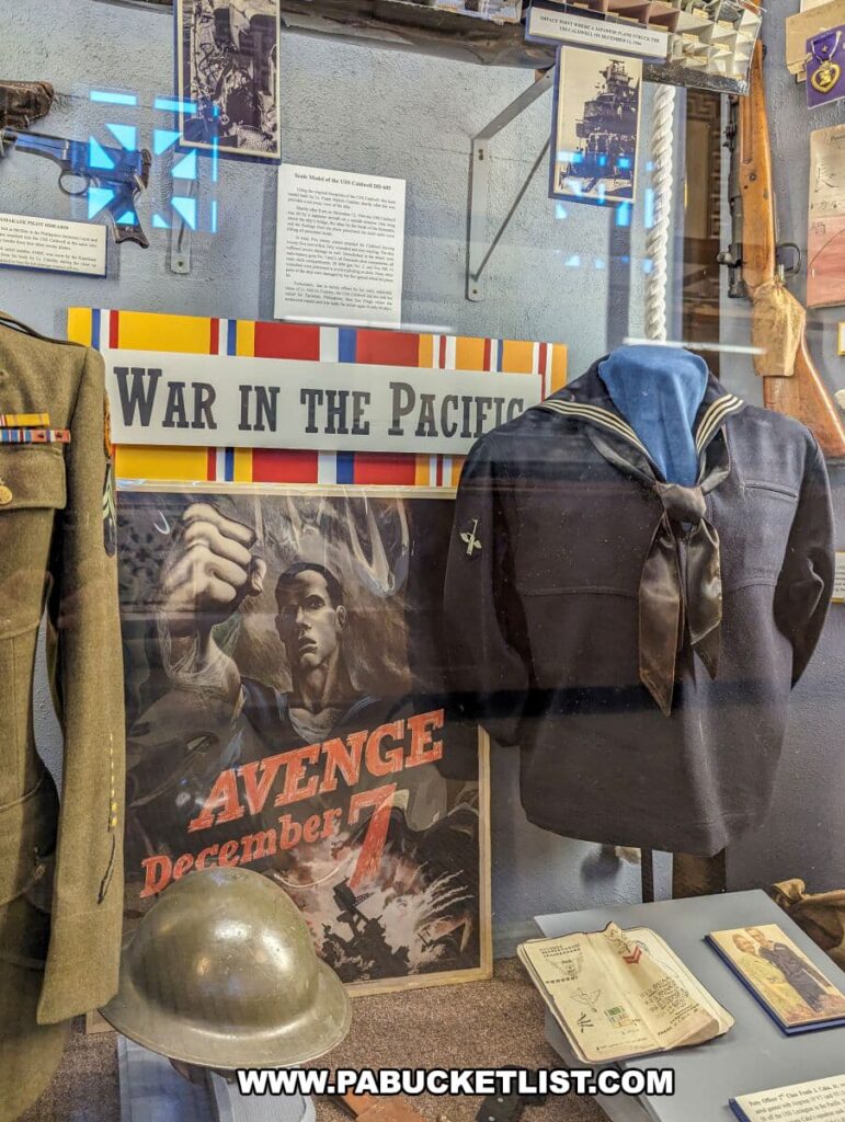 World War II 'War in the Pacific' exhibit at the Soldiers and Sailors Memorial Hall and Museum in Pittsburgh, PA, displaying a 'Avenge December 7' propaganda poster, naval uniforms, a steel helmet, and personal military items. The exhibit provides a poignant look at the American response to Pearl Harbor, with artifacts that narrate the story of the conflict in the Pacific.