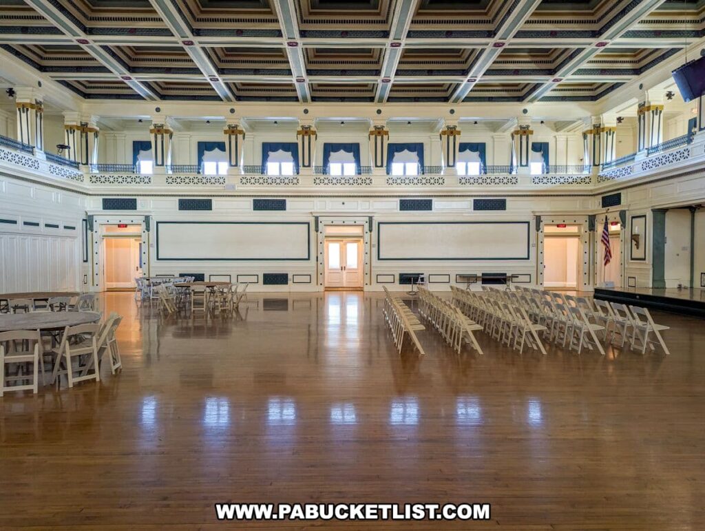 Spacious ballroom inside the Soldiers and Sailors Memorial Hall and Museum in Pittsburgh, PA. The room features a high ceiling with decorative trim, rows of foldable chairs facing a large projector screen, and several tables with chairs set up behind. The walls are adorned with blue curtains and white paneling, and American flags are placed near a doorway. The polished wooden floor reflects the room's natural light.