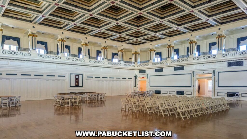 Spacious ballroom on the third floor of the Soldiers and Sailors Memorial Hall and Museum in Pittsburgh, PA, featuring rows of white folding chairs facing a stage with a projector screen. The room has an ornate ceiling with geometric patterns, large windows with blue drapery, and several tables set up behind the seating area. The polished wooden floors and classical architecture of the room create an elegant and historic atmosphere.
