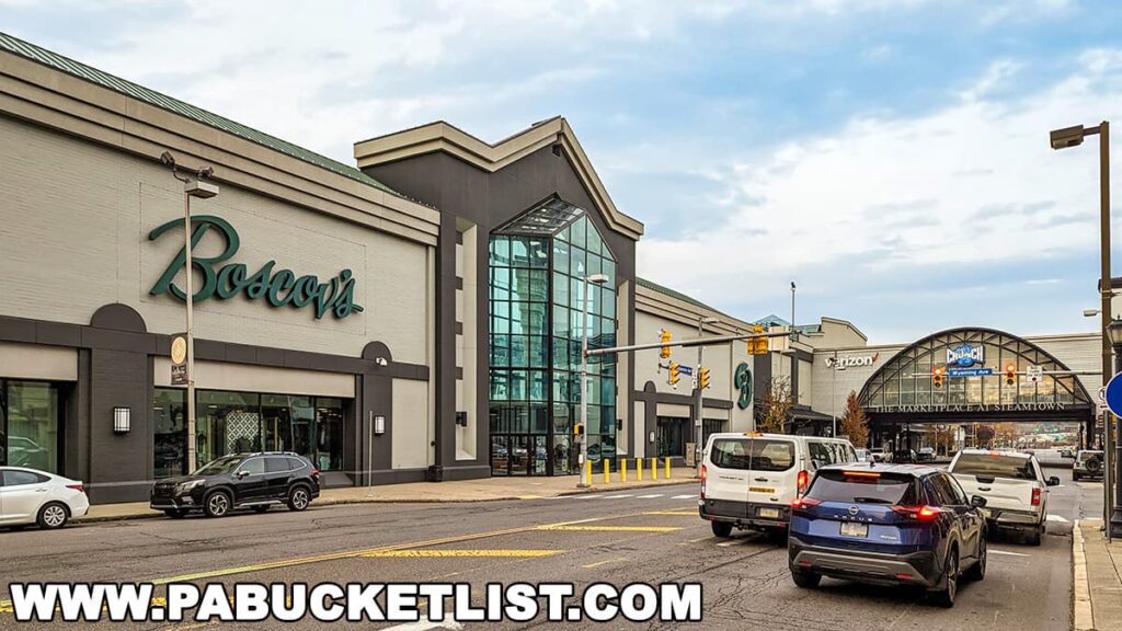 Exterior view of Boscov's department store and the entrance to The Marketplace at Steamtown in downtown Scranton, Pennsylvania. The modern facade of the store features large glass windows and prominent signage. Cars and pedestrians are seen on the busy street in front, with additional signage for The Marketplace and Verizon visible in the background.