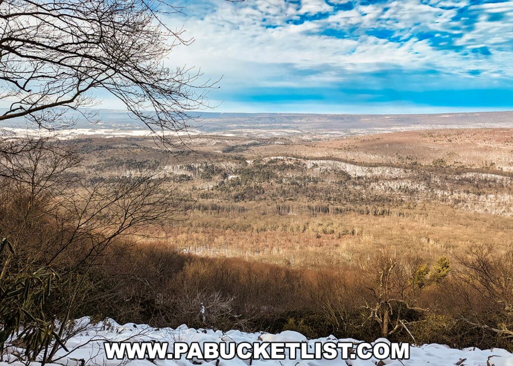 A panoramic view from Stone Valley Vista along the Standing Stone Trail in Huntingdon County, Pennsylvania. The landscape showcases a broad valley with patches of snow scattered among the winter-bare trees. In the distance, rolling hills rise to meet a dynamic sky of white and blue. Foreground branches frame the upper left of the view, while a snow-covered foreground suggests the chill of the season.