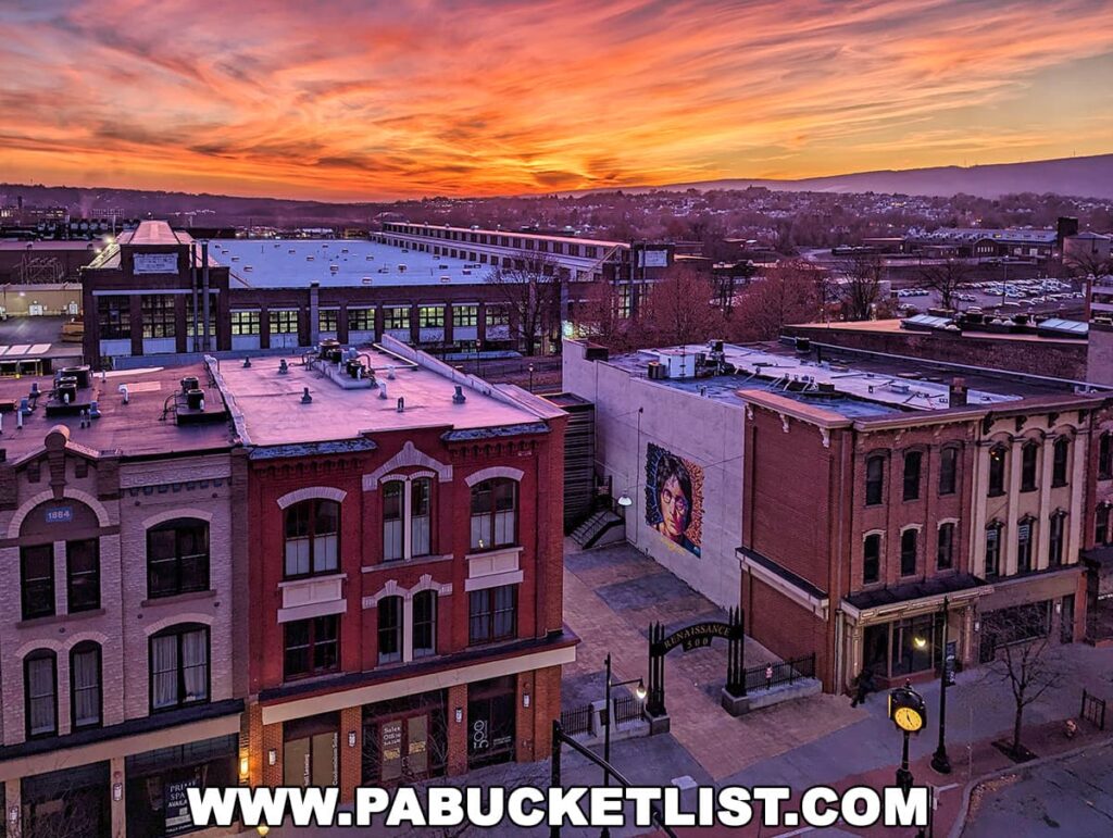 A breathtaking sunset over downtown Scranton, Pennsylvania, with the sky painted in vivid shades of orange and pink. Historic red brick buildings line the foreground, and a mural of a famous figure decorates the side of one structure. The city's landscape, with its rolling hills in the distance, is silhouetted against the vibrant evening sky.
