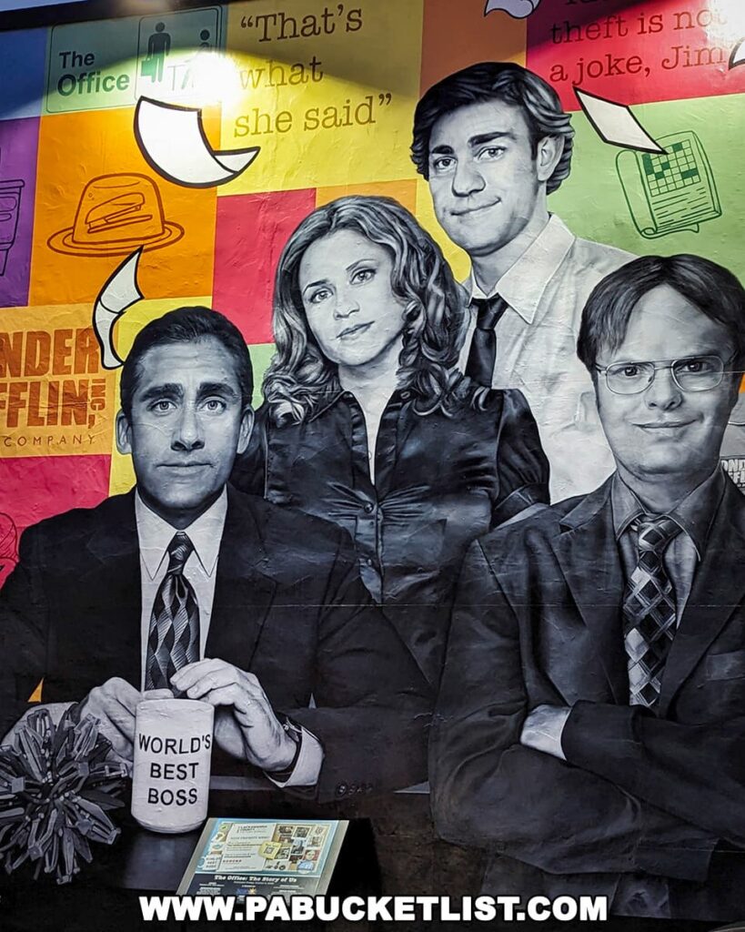 Close-up of a colorful mural in downtown Scranton, Pennsylvania, featuring lifelike black and white portraits of characters from the television show 'The Office' against a backdrop of vibrant, multicolored squares. Notable quotes and symbols from the series, such as 'That's what she said' and a beet, add to the playful homage. One character holds a mug labeled 'WORLD'S BEST BOSS'.