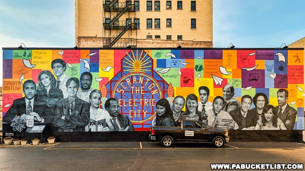 Full view of 'The Office - The Story of Us' mural on a building wall in downtown Scranton, Pennsylvania. The artwork features black and white portraits of the cast against a colorful background with the show's iconic phrases and symbols. In the foreground, a pickup truck is parked, adding to the urban setting. Above, the phrase 'Scranton The Electric City' is highlighted, celebrating the city's cultural connection to the show.