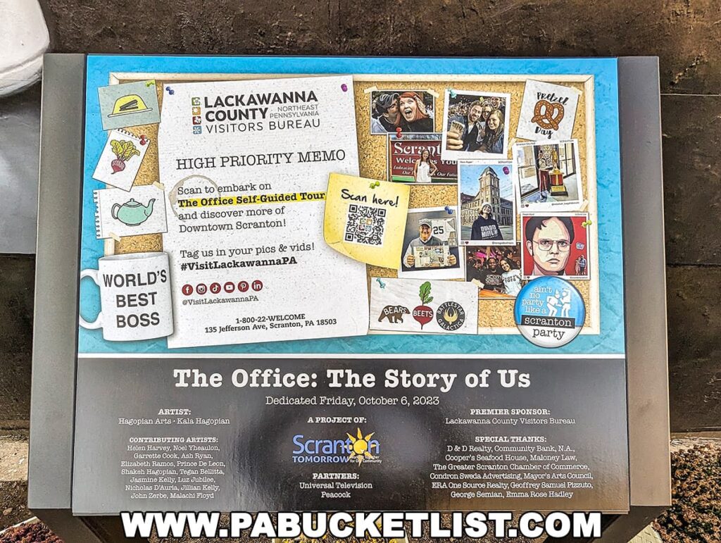 Information sign for 'The Office: The Story of Us' mural in downtown Scranton, Pennsylvania, featuring a collage of images and references from the show, including a 'World's Best Boss' mug, a pretzel for Pretzel Day, and notable quotes. The sign invites visitors to take a self-guided tour and share their experiences on social media, acknowledging the artists and sponsors of the mural.