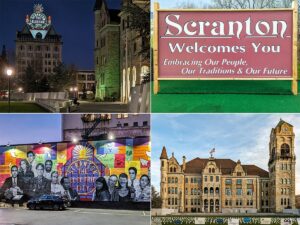 A collage of four images showcasing landmarks in downtown Scranton, Pennsylvania. Top left: A nighttime view of the Electric City sign atop a historic building. Top right: A welcoming sign stating 'Scranton Welcomes You - Embracing Our People, Our Traditions & Our Future.' Bottom left: A colorful mural featuring characters from the television show 'The Office' with 'Scranton The Electric City' in bold letters. Bottom right: The ornate Scranton City Hall with its distinctive clock tower under a clear blue sky.