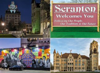 A collage of four images showcasing landmarks in downtown Scranton, Pennsylvania. Top left: A nighttime view of the Electric City sign atop a historic building. Top right: A welcoming sign stating 'Scranton Welcomes You - Embracing Our People, Our Traditions & Our Future.' Bottom left: A colorful mural featuring characters from the television show 'The Office' with 'Scranton The Electric City' in bold letters. Bottom right: The ornate Scranton City Hall with its distinctive clock tower under a clear blue sky.