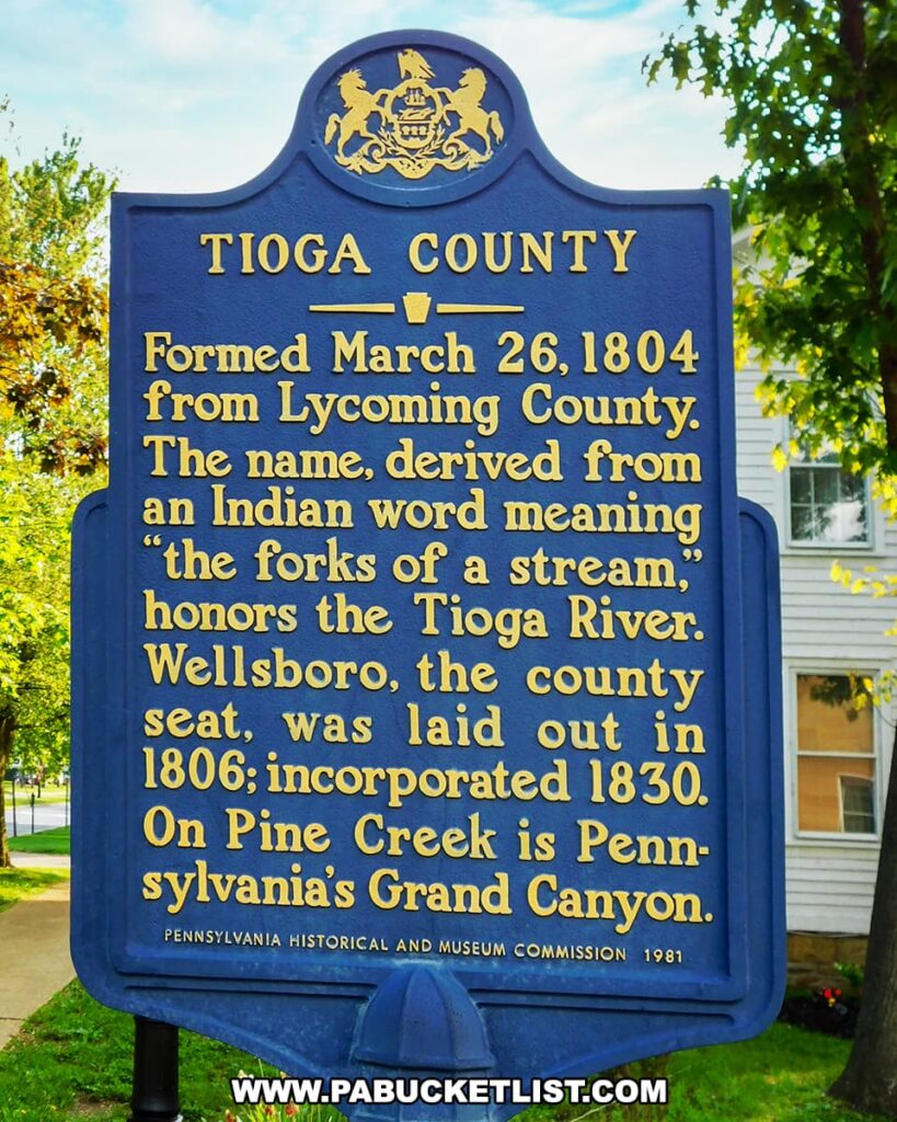 A historical marker sign in Tioga County, Pennsylvania, with a bright blue background and gold lettering. The sign reads: "TIOGA COUNTY Formed March 26, 1804 from Lycoming County. The name, derived from an Indian word meaning 'the forks of a stream,' honors the Tioga River. Wellsboro, the county seat, was laid out in 1806; incorporated 1830. On Pine Creek is Pennsylvania's Grand Canyon.