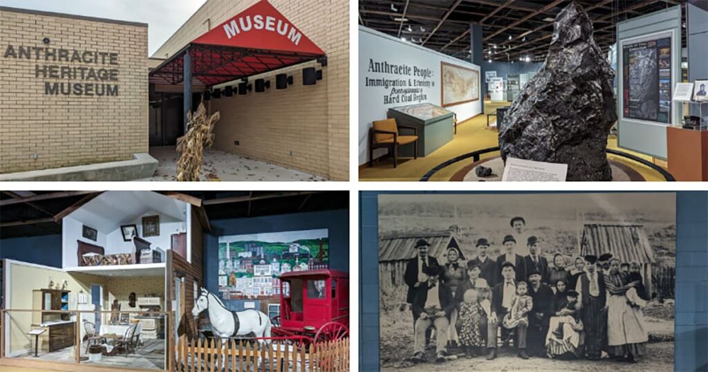 A collage of four images showcasing different aspects of the Anthracite Heritage Museum in Scranton, PA. The top left image features the museum's exterior brick wall with the name 'Anthracite Heritage Museum' prominently displayed. The top right image captures the museum's entrance with a red awning. The bottom left image is an interior view of a coal miner's house diorama. The bottom right image displays a historical photograph of a miner's family. Together, these images convey the comprehensive historical narrative offered by the museum.