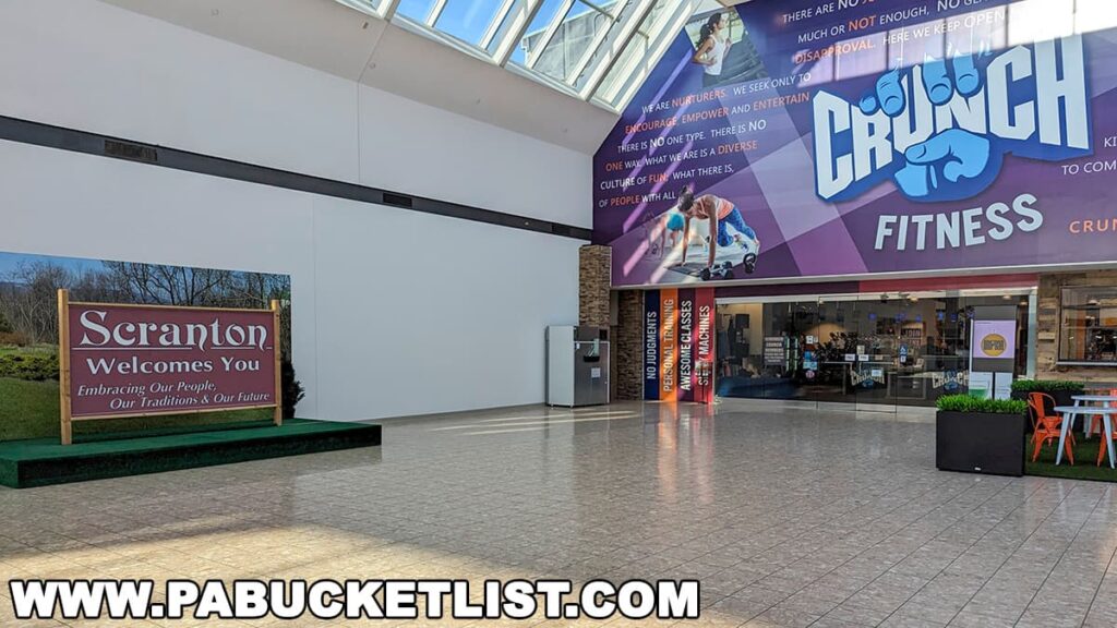The "Welcome to Scranton" sign from the opening credits of "The Office" television show. The sign is located on the second floor of the Steamtown Mall in Scranton, next to the entrance to Crunch Fitness.