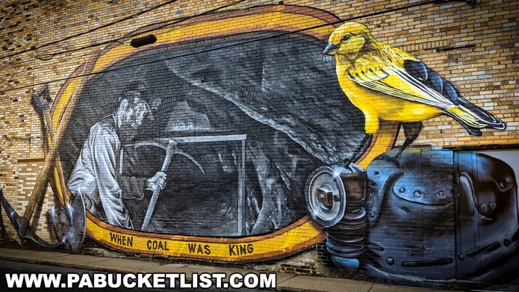 A vibrant mural on a brick wall in Indiana County, Pennsylvania, depicting a scene from the region's coal mining past. The mural is centered around a large, somber-toned image of a miner at work, swinging a pickaxe into a coal seam. To the right, there's a stark contrast with a brightly colored, oversized depiction of a yellow bird, likely a goldfinch, perched atop a miner's helmet. Below the scene, a yellow banner with black lettering reads "WHEN COAL WAS KING," alluding to the historical significance of the coal mining industry in the area.