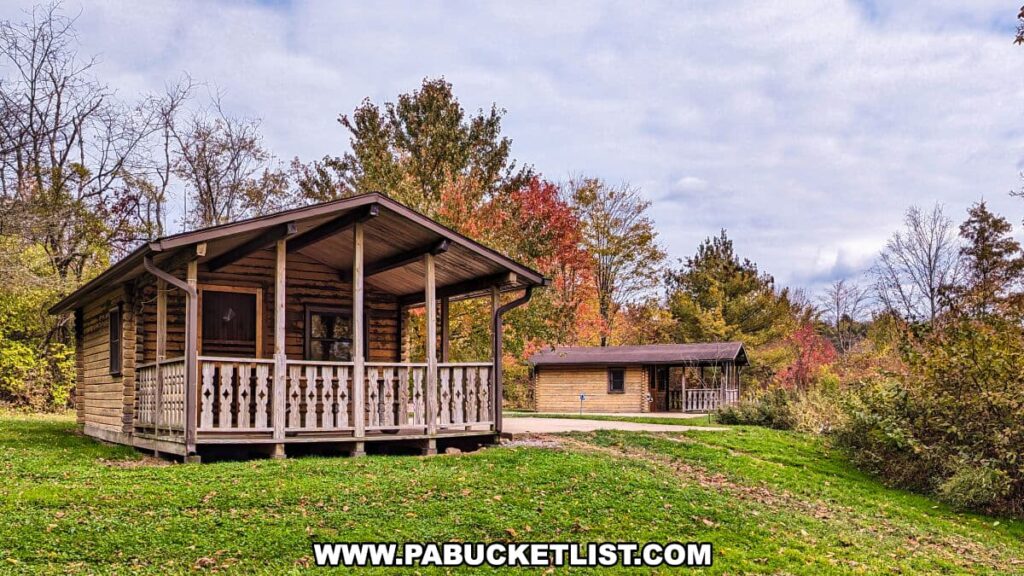 A rustic camping cottage in Yellow Creek State Park, Indiana County, Pennsylvania. The cottage features a covered front porch with a wooden railing and is constructed of log siding, blending into the natural surroundings. In the background, another similar cottage can be seen, suggesting a serene retreat area. The surrounding landscape is dotted with trees in various autumn colors, from green to red and yellow, indicating the season. The grass is still green, and the sky is partly cloudy, hinting at a cool autumn day.