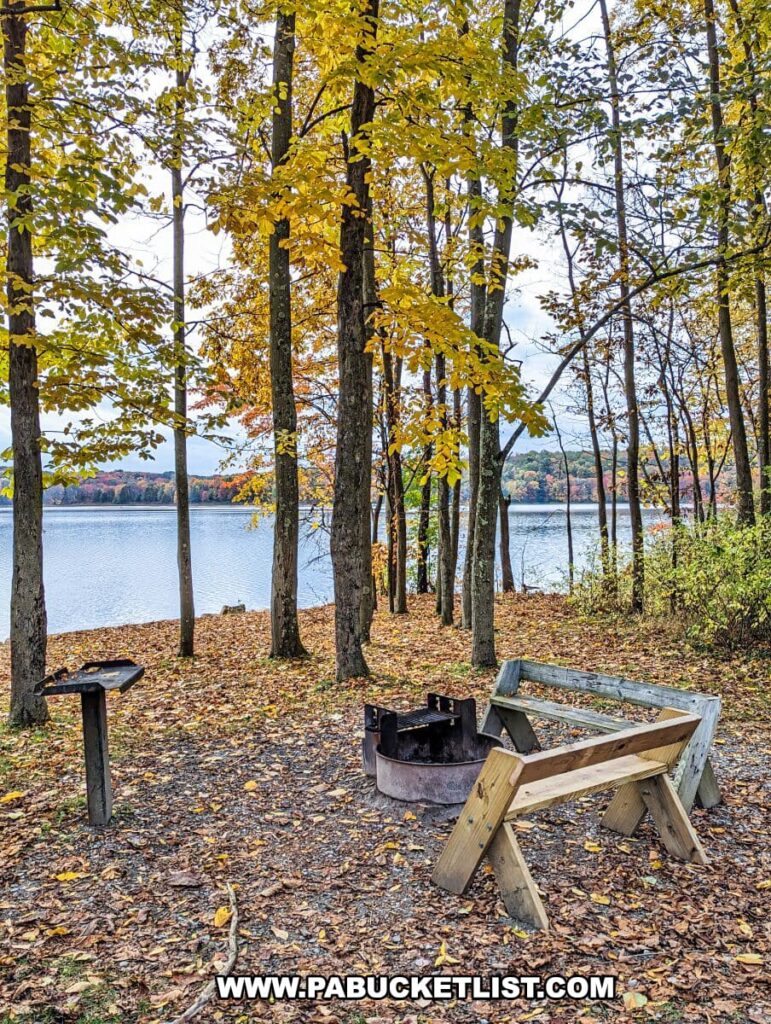 A peaceful lakeside picnic area at Yellow Creek State Park in Indiana County, Pennsylvania. In the foreground, there is a wooden picnic bench tipped on its side and a metal fire pit, ready for a campfire. The ground is covered with fallen leaves, indicative of autumn. Tall trees with yellow leaves stand between the picnic area and the lake, offering a scenic view of the water and the colorful forest on the opposite shore. The overcast sky suggests a cool, tranquil day.