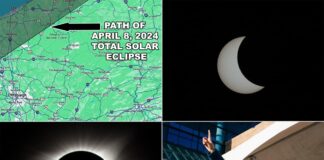 This collage features four images related to the 2024 total solar eclipse visible in Pennsylvania. The top left image is a map highlighting the path of the eclipse across Pennsylvania with a prominent arrow indicating the direction of the moon's shadow. The top right image shows a partial phase of the eclipse with the moon covering a significant portion of the sun. The bottom left is a dramatic photograph of the total eclipse, where the moon completely obscures the sun, leaving only the glowing corona visible around a black circle. The bottom right image captures the excitement of the event with a group of people, including children wearing protective eclipse glasses, looking up at the sky in anticipation and awe.