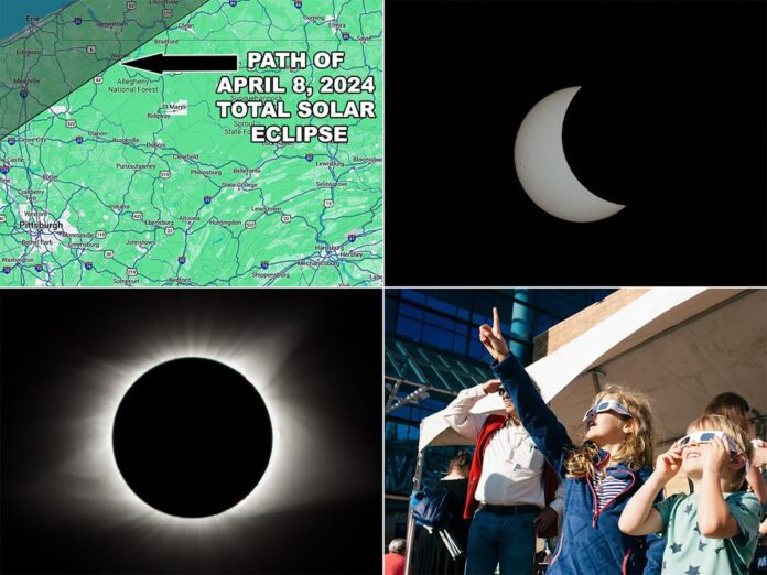 This collage features four images related to the 2024 total solar eclipse visible in Pennsylvania. The top left image is a map highlighting the path of the eclipse across Pennsylvania with a prominent arrow indicating the direction of the moon's shadow. The top right image shows a partial phase of the eclipse with the moon covering a significant portion of the sun. The bottom left is a dramatic photograph of the total eclipse, where the moon completely obscures the sun, leaving only the glowing corona visible around a black circle. The bottom right image captures the excitement of the event with a group of people, including children wearing protective eclipse glasses, looking up at the sky in anticipation and awe.